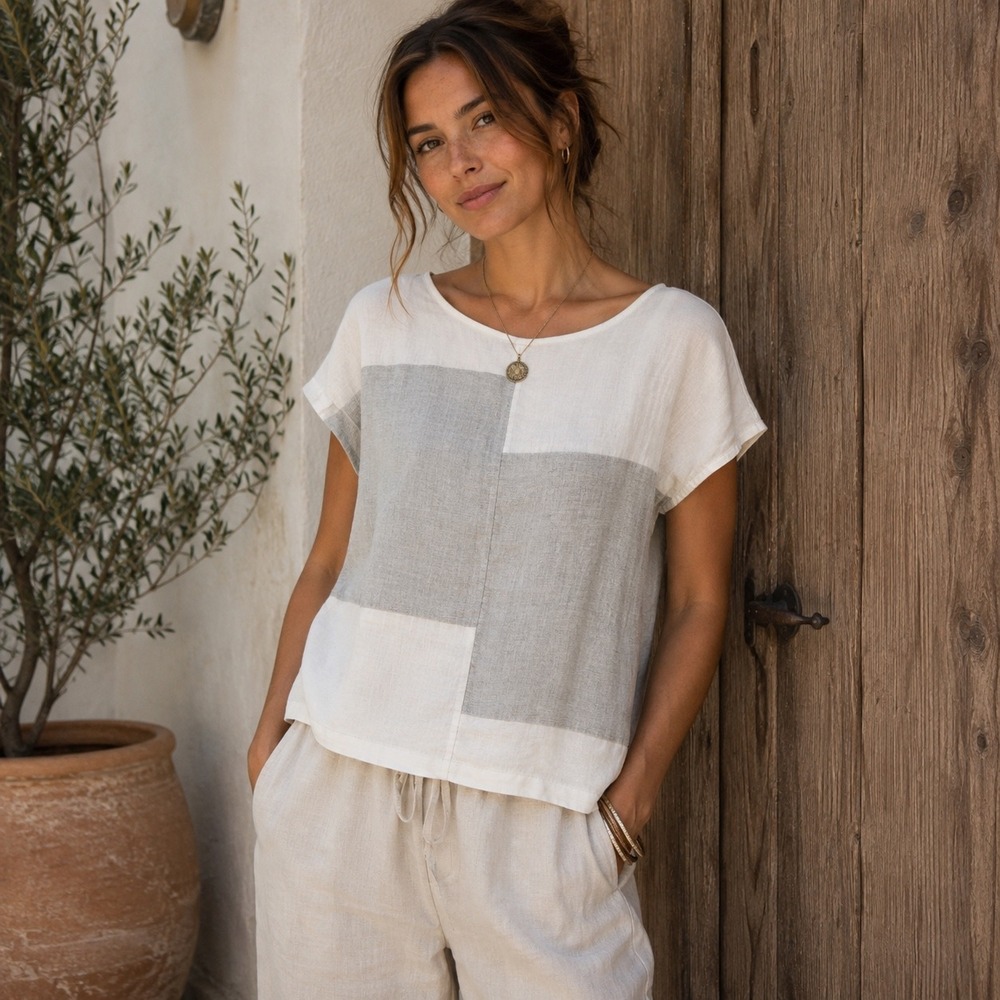 Pure Jill J Jill Linen Colorblock Top Grey‎ White XS Petite WTP056862